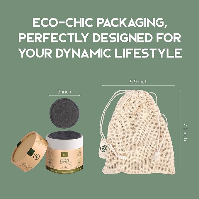 Greenzla Reusable Makeup Remover Pads - 20 Pack Organic Dark Charcoal Bamboo Cotton Pads with Mesh Laundry Bag, Cotton Travel Pouch, & Cotton Rounds Holder, Sustainable Face Wipes for All Skin Types