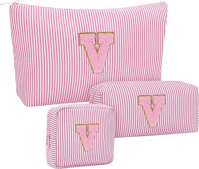 MONSTINA Personalized Initial Makeup Bag Set for Girls&Women,Personalized Make Up Case for Girlfriend Graduation Teacher Gifts,Cute Toiletry Bag Preppy Chenille Letter Patch,3PCS,Pink V