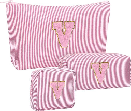 MONSTINA Personalized Initial Makeup Bag Set for Girls&Women,Personalized Make Up Case for Girlfriend Graduation Teacher Gifts,Cute Toiletry Bag Preppy Chenille Letter Patch,3PCS,Pink V