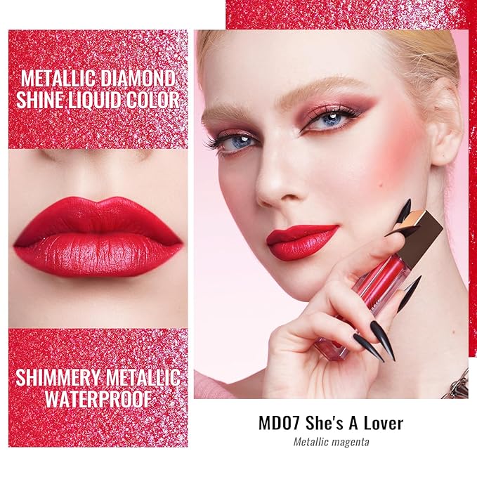 Oulac Red Lipsticks for Women Metallic Lipstick, Long Lasting Lip Gloss Waterproof, Glitter Lipstick Lip & Eye 2 IN 1, High Impact Lip Color, No Transfer, Vegan MD07