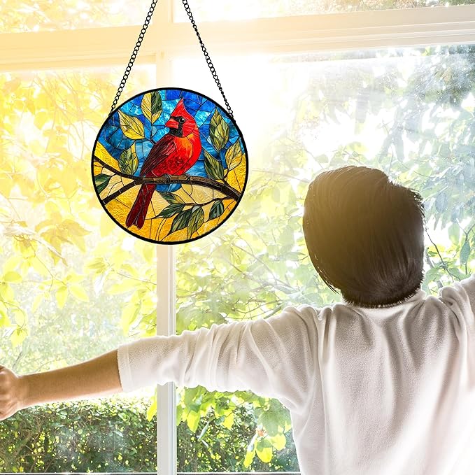 Stained Glass Window Hanging, Blue Sky Cardinal Sun Catchers Colorful Glass Panel Red Birds Suncatcher Decor for Birthday for Women, Men, Wife, Aunt, and Mom 6.3 in