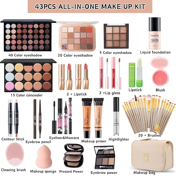 All in One Makeup Kit for Women Full Kit, 43PCS Professional Makeup Kit, Foundation Eyeshadow Lipstick Eyeliner, Complete Make Up Gift Set for Beginners and Professionals Alike