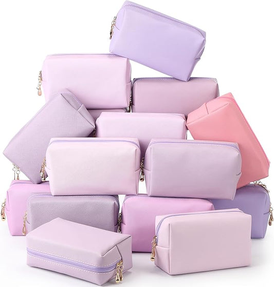 Kigeli 15 Pcs Aesthetic Makeup Bags PU Leather Cosmetic Pouches Waterproof Plain Toiletry Bags Makeup Pouches Bulk for Women Party Gift Travel Storage Organizer(Purple Series)