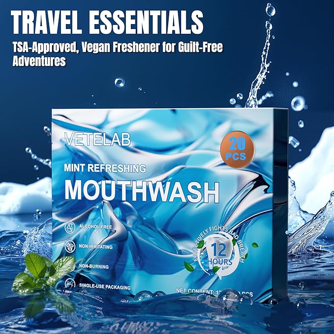 Portable Travel Size Mouthwash Packets - Mini Mint Mouthwash for Adults, Alcohol & Fluoride-Free, Freshens Breath for 12 Hours, Perfect for Date, Office, or Travel (Pack of 20)