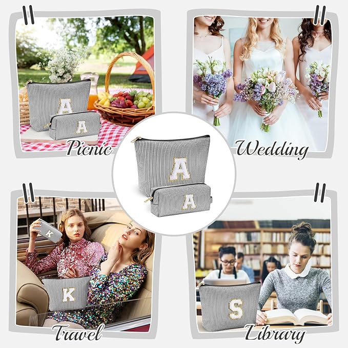 YOOLIFE Initial Monogram Cute Makeup Bags - Cosmetic Toiletry Pouch for Women's Friendship, Personalized Birthday Gifts - Black