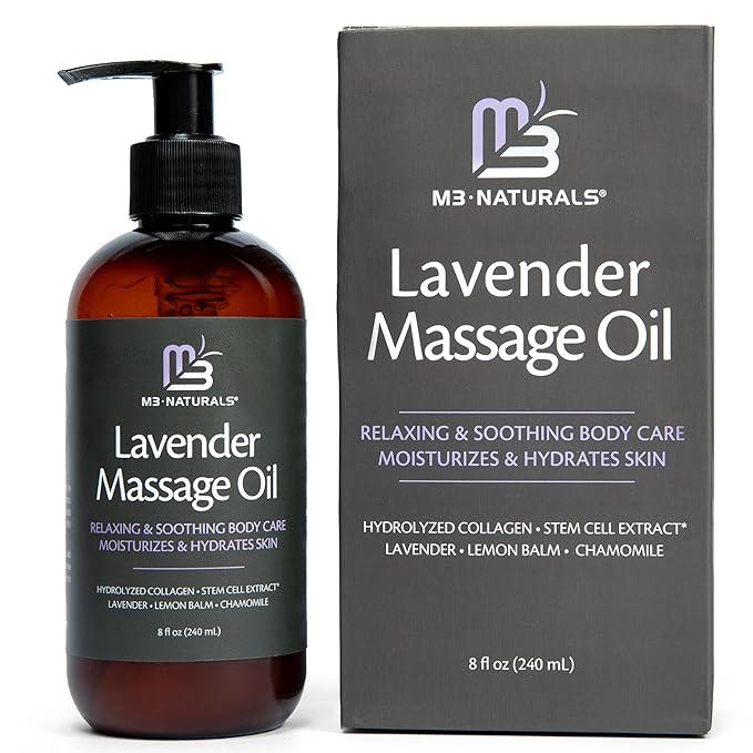 Lavender Sensual Massage Oil with Collagen and Stem Cells, Skin Tightening Therapy for Bum, Thighs, and Belly, Fast-Absorbing Cellulite Oil, 8 fl oz by M3 Naturals