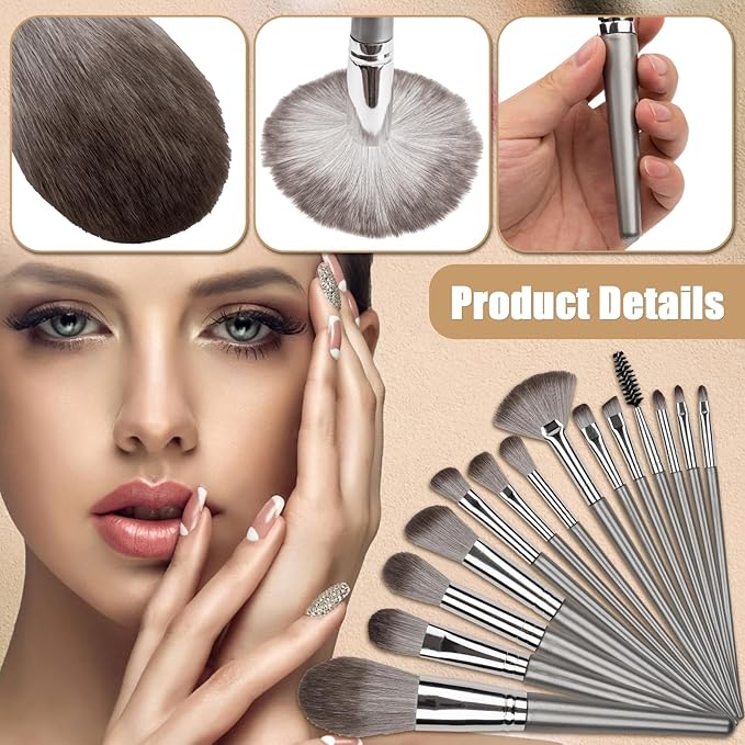 Makeup Brushes, 14 Pcs Professional Makeup Brush Set, Eye and Face Foundation Brush Set, Eyeshadow Brushes, Cosmetic Brushes, with PU Bag, Grayish