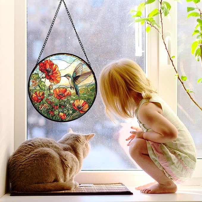 Stained Glass Window Hanging, Hummingbirds Orange Flowers Suncatcher Diamond Glass Panel Hangings Sun Catchers Decor for Birthday for Women, Men, Wife, Aunt, and Mom 11.8 in