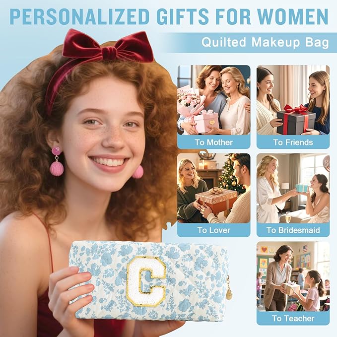 Personalized Quilted Cosmetic Bag, Puffy Monogrammed Christmas Birthday Gifts for Women & Girls, Cute initial Floral Makeup Bag Puffer Coquette Bag, Aesthetic Travel Toiletry Zipper Pouch(Blue,C)