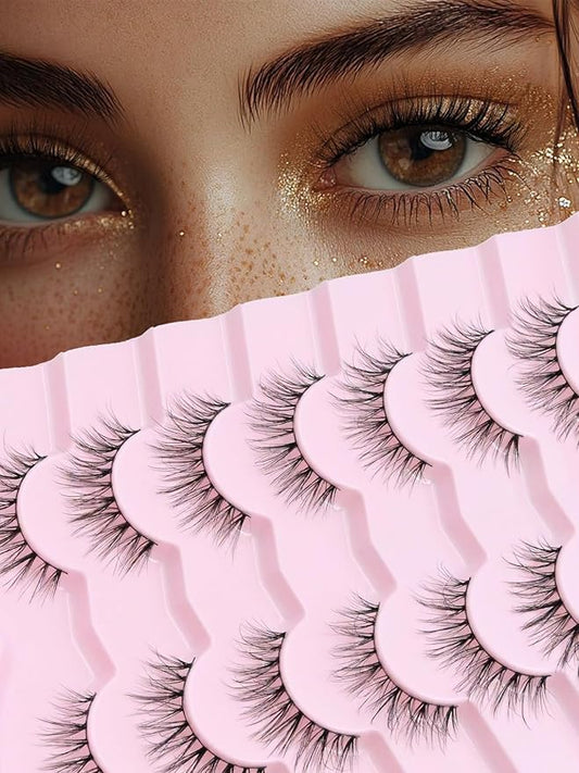 Natural Lashes False Eyelashes 10MM Short Lashes for Small Eyes C Curl Fake Eyelashes Thin Cotton Band 3D Volume Strip Lash Pack Soft Eyelashes 7 Pairs Siligli