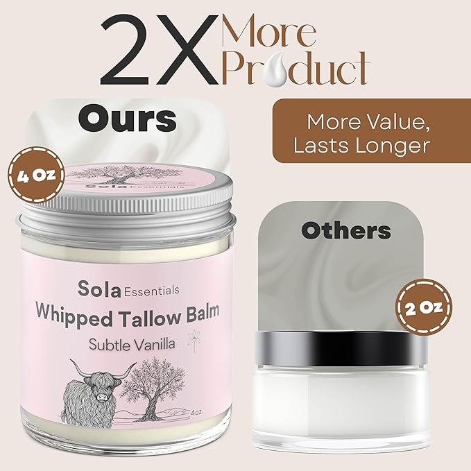 Grass Fed Whipped Beef Tallow for Skin - Whipped Tallow Balm with Mango Butter and Olive Oil - Natural Moisturizer, Suitable for all Skin Types, Smooth Texture, 4 oz Jar, Made in USA, Subtle Vanilla