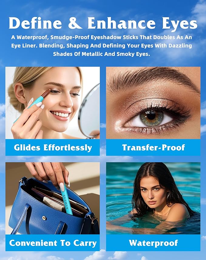 KIMUSE Eyeshadow Stick 4 Colors Set, 3-in-1 Eye Brightener Stick, Long Lasting, Waterproof, Buildable Color, Natural Glow for Daily & Party Makeup