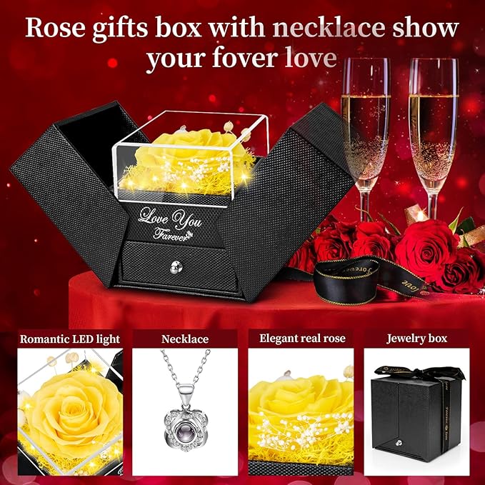 Preserved Real Rose with Heart I Love You Necklace -Eternal Flowers Rose Birthday Gifts for Her Mom Wife Girlfriend Grandma on Valentines Mothers Day Christmas Anniversary Romantic (Yellow)