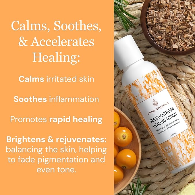 Sea Buckthorn Healing Lotion, 4oz – Soothing Moisturizer with MSM, Black Willow Bark & Zinc Oxide – Organic, Vegan – Repairs Acne, Redness & Skin Irritation
