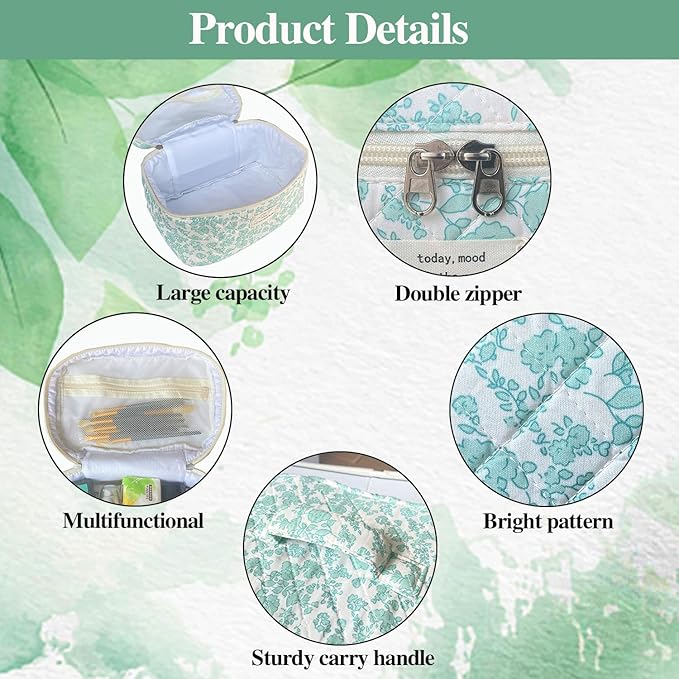 Green Large Quilted Floral Makeup Bag Set of 3 Cute Coquette Aesthetic Cosmetic Bag Set Travel Toiletry Bag for Women