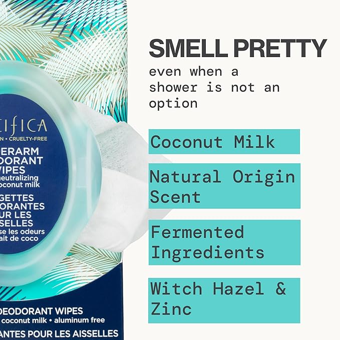 Pacifica Beauty Coconut Milk & Essential Oils Underarm Deodorant Wipes, Helps Remove Odor, Aluminum-Free, Vegan & Cruelty-Free, 30 Wipes (4-Pack)