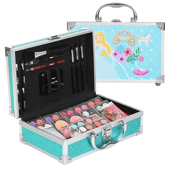 Anpro All-In-One Makeup Carry Case with Pro Teen Makeup Set, Full Starter Cosmetics Kit with Makeup Brushes, Lipsticks, Eye Shadows Palette, Blushes, Glitter Gel-Blue Leopard