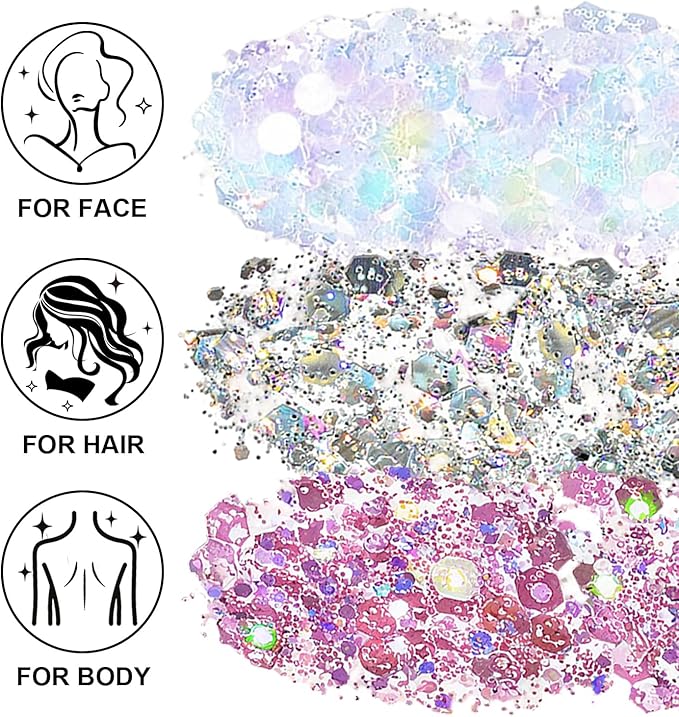 Face Body Glitter Set for Women and Kids, White Silver Pink Holographic Mermaid Sequins Chunky Glitter Makeup for Festival Rave Outfits Accessories, Sport, Wedding Season, Valentine's Day
