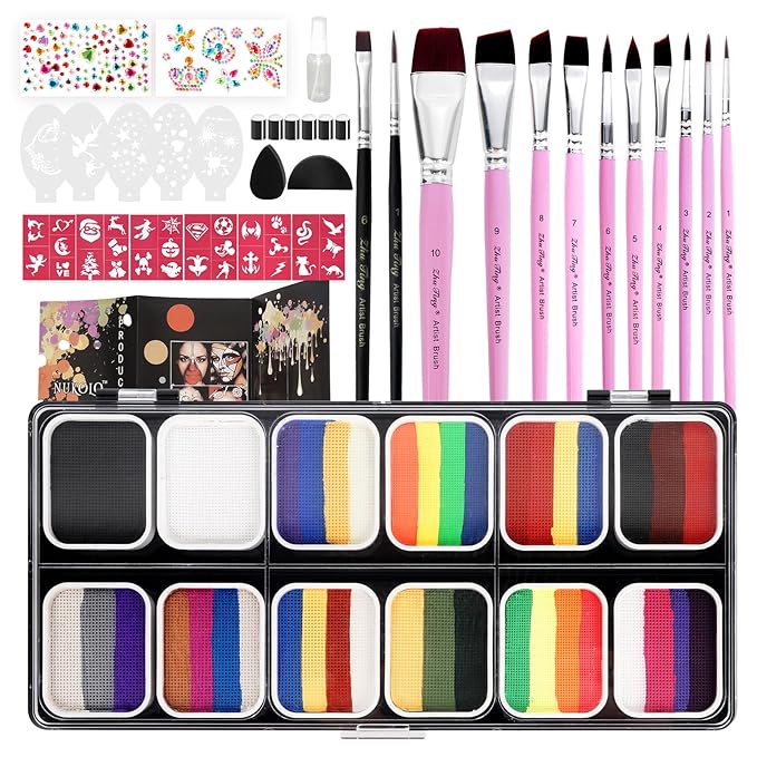 Professional Face Painting Kit for Kids Adults-12*10g Non Toxic Water Activated Face Paint Kit With Brushes,Stencils，Gem Stickers;Halloween,Carnival;Water Based Facepaint Makeup Kit for Kids Party