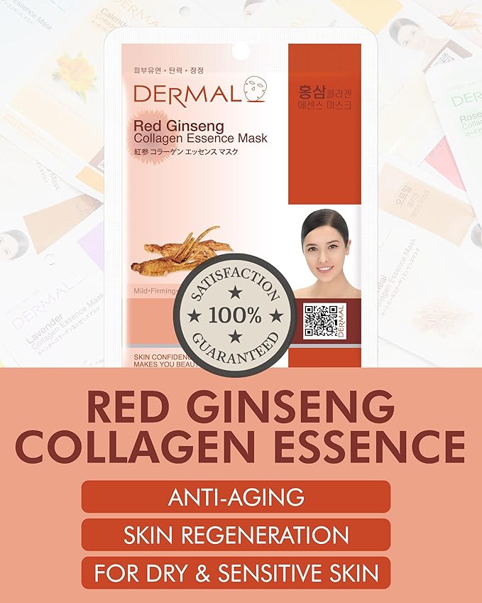 DERMAL Red Ginseng Collagen Essence Mask - Reduces Wrinkles, Radiant Skin, Rejuvenating Skin - Hypoallergenic Skin Friendly Sheet