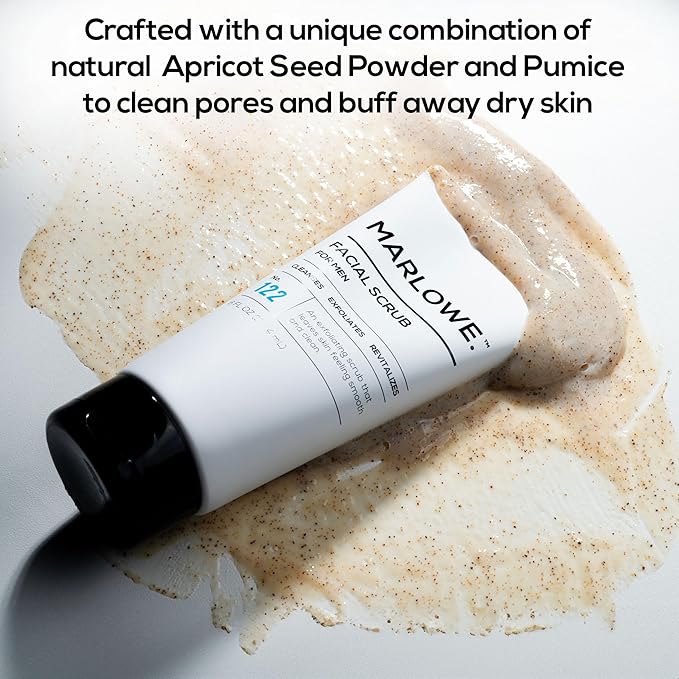 MARLOWE. No. 122 Facial Scrub 6 oz, Gentle Face Exfoliator with Apricot Seed Powder & Pumice, Cleanses & Smooths, Fresh Pine & Agarwood Scent