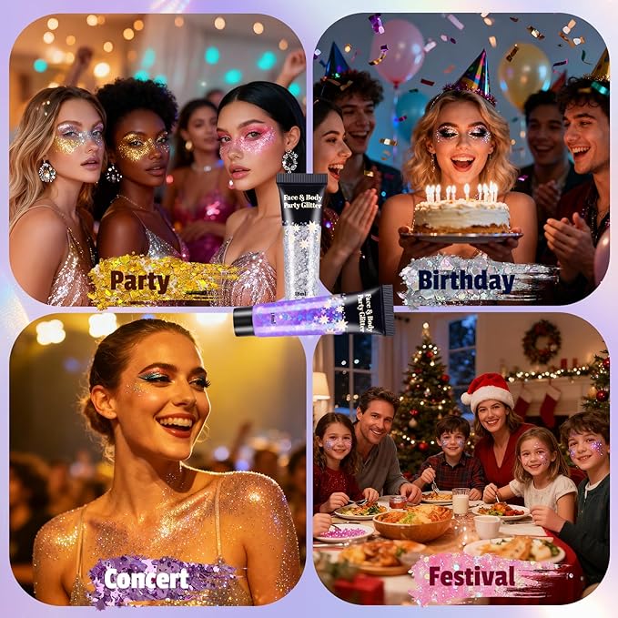 AROIC Kids Unicorn Hair Glitter，14Pcs Body &Face Shimmering Glitter Gel Set，Fairy Costume Sparkle Makeup for Girls，Holographic Sparkle Face Paint for Festivals Princess Birthday Party Gifts (7 Colors)