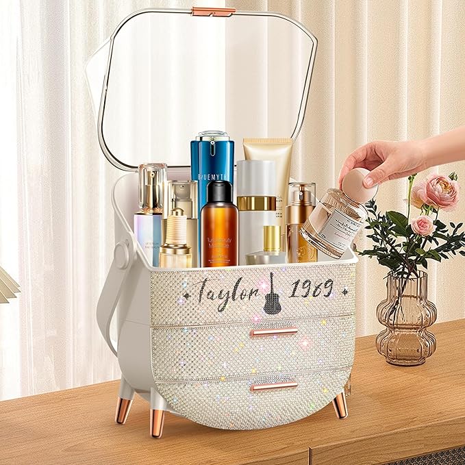 Bling Makeup Organizer for Teen Girl Gift,Hollywood Vanity Makeup Storage Box for Girl Birthday Gift,Practical Gift for Daughter,Bathroom Organizer,Skincare Organizer (Rhinestone Taylor)