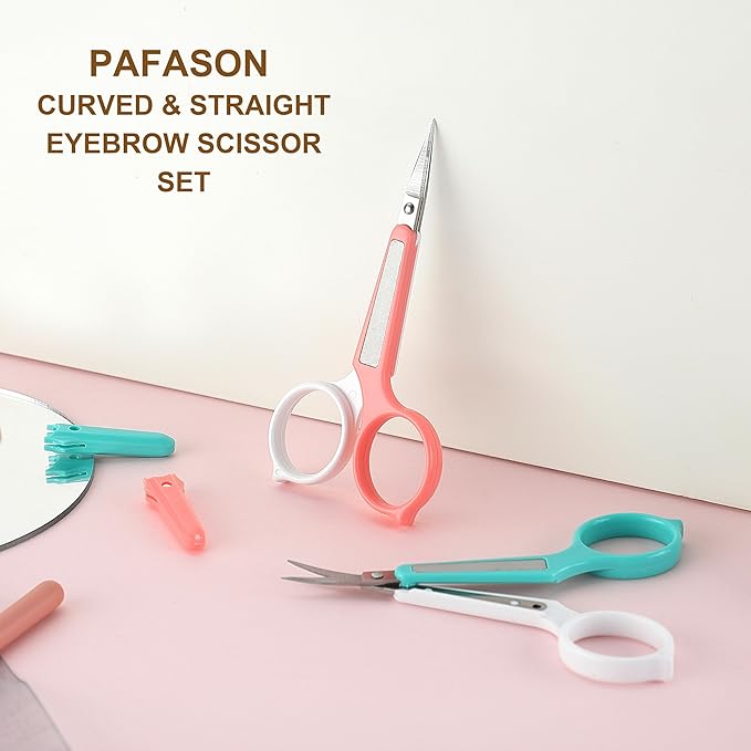 PAFASON High Precision Eyebrow Grooming Scissor Set, Beauty Makeup Cosmetic Tool, Curved, Straight Tip, Stainless Steel, Safety Case for Trimming Eyelash Extensions