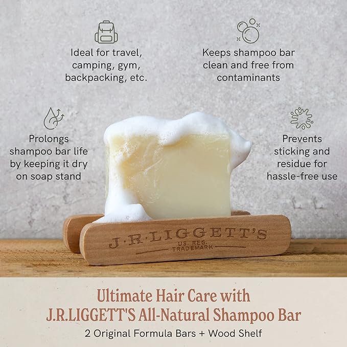 J.R.LIGGETT’S 2-Pc Original Formula Shampoo Bars and 1-Pc Solid Wood Shelf to Prolong the Life of Your Shampoo Bar - Nourishing Formula with Antioxidants and Vitamins - Sulfate-Free