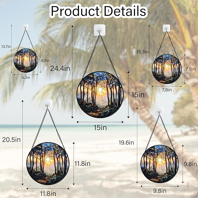 Stained Glass Window Hanging, Forest Sunrise Smoke Blue Brown Tree Suncatcher for Doors Window Home Landscape Sun Catchers Decor Mother's Day Birthday Gifts for Women, Men Mom 11.8 in