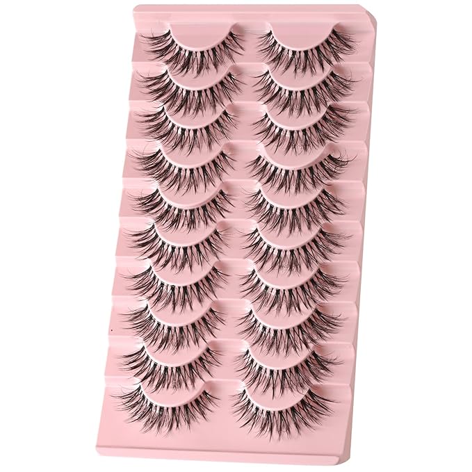 FARRED False Eyelashes Cat Eye Lashes Natural Fake Strip Eyelashes Invisible Band Mink Eyelash Strips Wispy Full Volume Pack 10 Pairs 8-14 mm Short Demi Wispies Pestañas Postizas