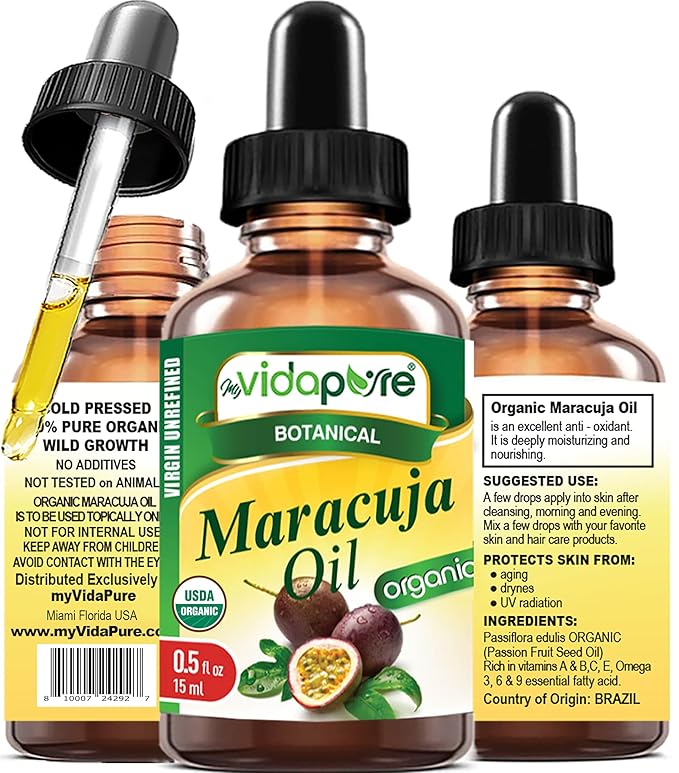 MYVIDAPURE Organic MARACUJA OIL Passion Fruit Certified Organic 100% Natural, Pure WILD GROWTH VIRGIN UNREFINED Brazilian for Skin, Face, Hair, Lip and Nail Care (0.5 Fl Oz)