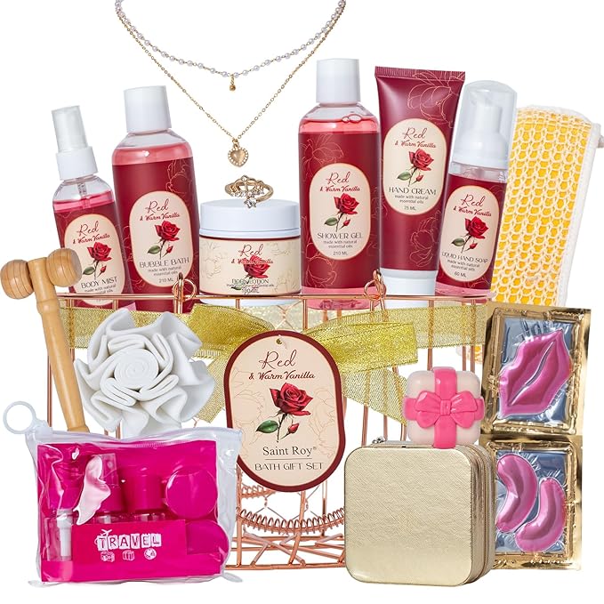 21Pcs Bath and Body Gift Basket Set for Women Christmas Gifts- Rose Vanilla XL Spa Gift Basket for Women Gifts｜ Bath Gift Set Home Bath Spa Self Care Kit - Thank You, Birthday Spa Gift Baskets