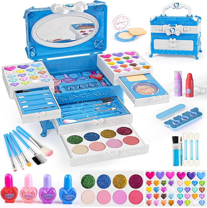 Kids Makeup Sets for Girls, 66pcs Real Cosmetic for Kids Toys with Mirror, Princess Washable Girls Makeup Kit, Non-Toxic & Safe Brithday Gifts for 3 4 5 6 7 8 10 - 12 Years Old（Blue）