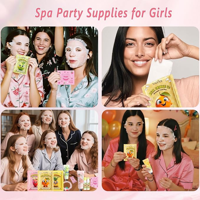 100Pcs Spa Party Supplies for Girls,Spa Party Favors Skincare Fruit Face Masks,Lip Masks,Under Eye Patches,Hand Cream,Lip Balm,Compressed Towel,Hair Tie,Spa Birthday Sleepover Party Supplies for Women
