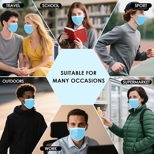 NNPCBT Blue Disposable Face Masks 125 Pack,3-Ply Breathable Mask For Adults,Great For Outdoors,Home, Office, School
