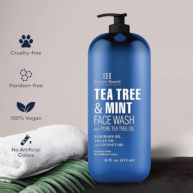 Botanic Hearth Tea Tree Face Wash With Mint | Acne Fighting, Premium, Hydrating Liquid Face Soap With Pure Tea Tree Oil | For Women And Men, Paraben Free, Fights Acne | 16 Fl Oz (Packaging May Vary)