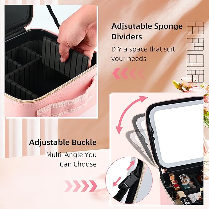 Travel Makeup Bag with LED Mirror – Waterproof Cosmetic Train Case with Adjustable Dividers, Portable Makeup Organizer and Toiletry Bag for Women, Teens & Girls Gift, Pink