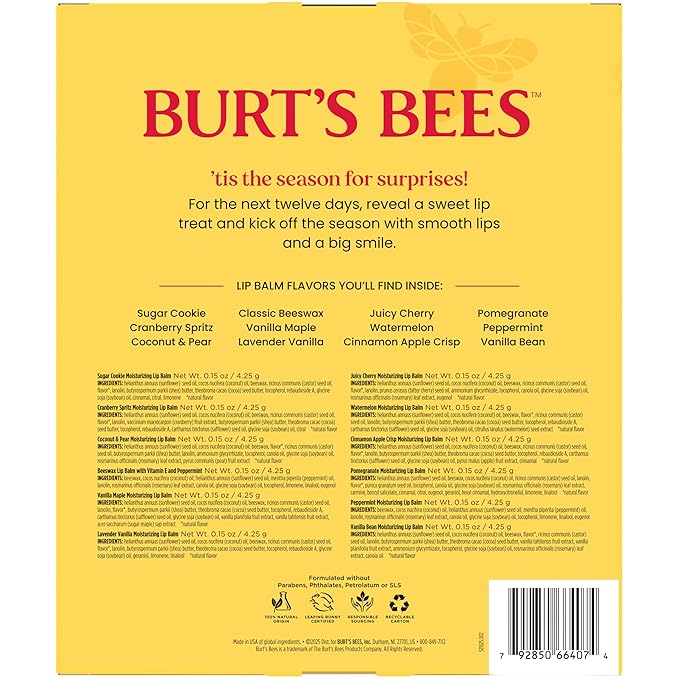 Burt's Bees 12 Days of Joy Lip Balm Advent Calendar Gift Set, Flavored Lip Balm Pack Great for Office Holiday Gifts, Tint-Free, Natural Origin Lip Care, 12 Tubes, 0.15 oz.