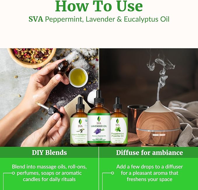 SVA Peppermint, Lavender and Eucalyptus Essential Oil 4oz Bundle Super Saver Combo – Premium Grade Value Set for Aromatherapy, Scalp Massage, Hair Care, Skin & Body