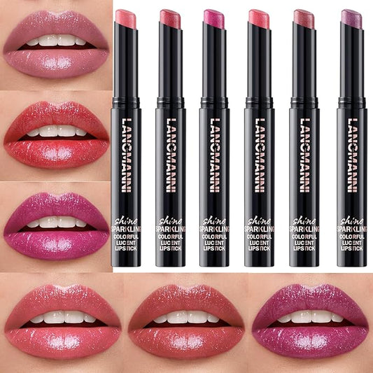 Jolilab 6Pcs Sparkling Lipstick Lip Gloss Long Lasting Waterproof Moisturizer Lip Balm Glitter Shimmer Metallic Lipstick, Diamond Shiny Bold Glow Goth Lipstick for Women Girls,Non-sticky(D#1-6)