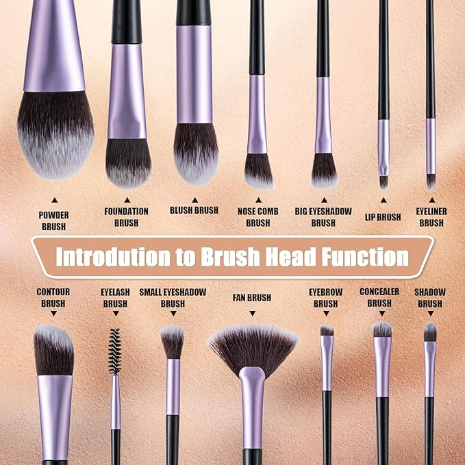 Makeup Brushes, 14 Pcs Professional Makeup Brush Set, Eye and Face Foundation Brush Set, Eyeshadow Brushes, Cosmetic Brushes, with PU Bag, Pale Purple