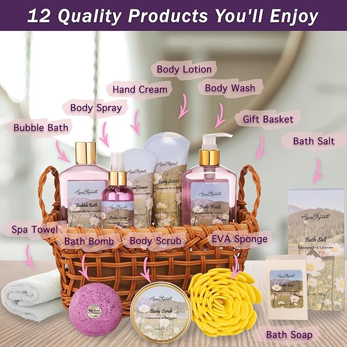 Spa Baskets For Women - Luxury Bath Set With Lavender & Chamomile - Spa Kit Includes Wash, Bubble Bath, Lotion, Bath Salts, Body Scrub, Body Spray, Shower Puff, Bathbombs, Soap and Towel