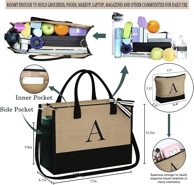 YOOLIFE Personalized Gifts for Women - Initial Jute Tote Bag & Makeup Bag, Birthday Gifts for Women Mom Wife Teacher Friend