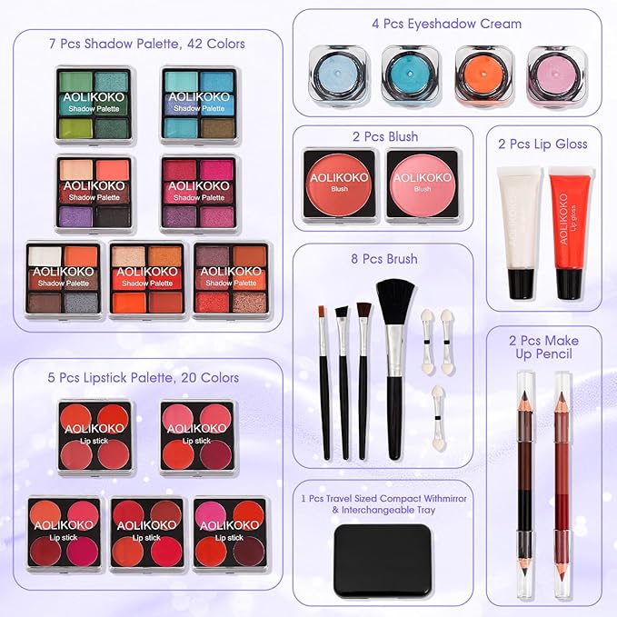 Makeup Kit for Teenager & Women Full Kit, All- In- One Makeup Set With The Cosmetic Train Case, Professional Makeup Kit, Makeup Gift Set for Women Girls(silver)