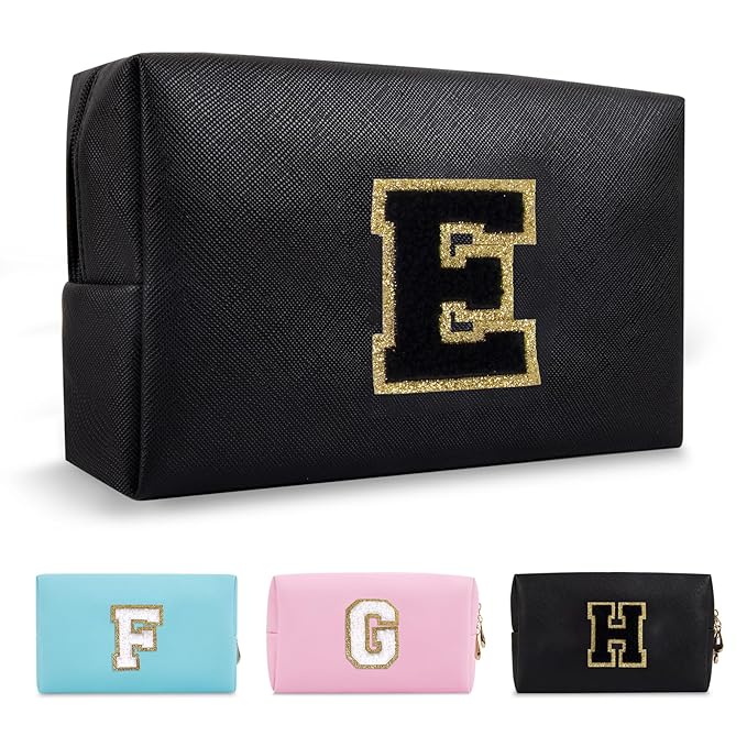 Personalized Initial A-Z Preppy Patch Makeup Bag,Small PU Chenille Letter Cosmetic Bag with Zipper for Teen Girls,Black Cute Toiletry Organizer Bag,Monogram Makeup Case Gift for Women Girls,Letter E