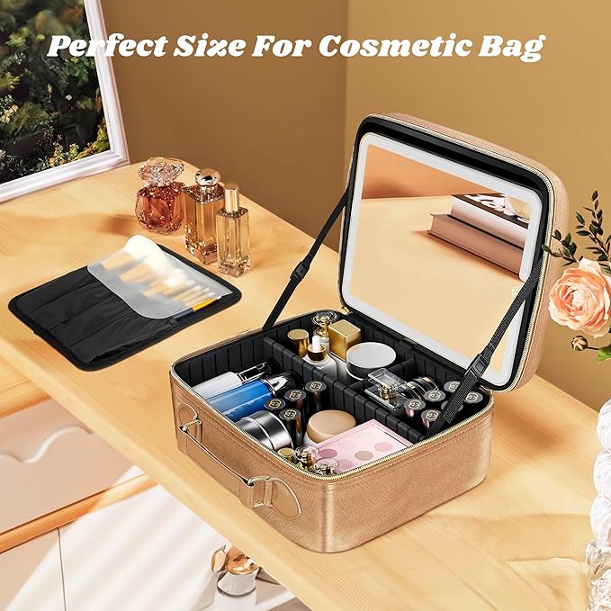 JUSRON Travel Makeup Bag With LED Mirror, Cosmetic Train Case with Light up Mirror, Portable Makeup Artist Organizer Bag with Adjustable Dividers, Makeup Brush Holder Storage (Rose Gold, Medium)