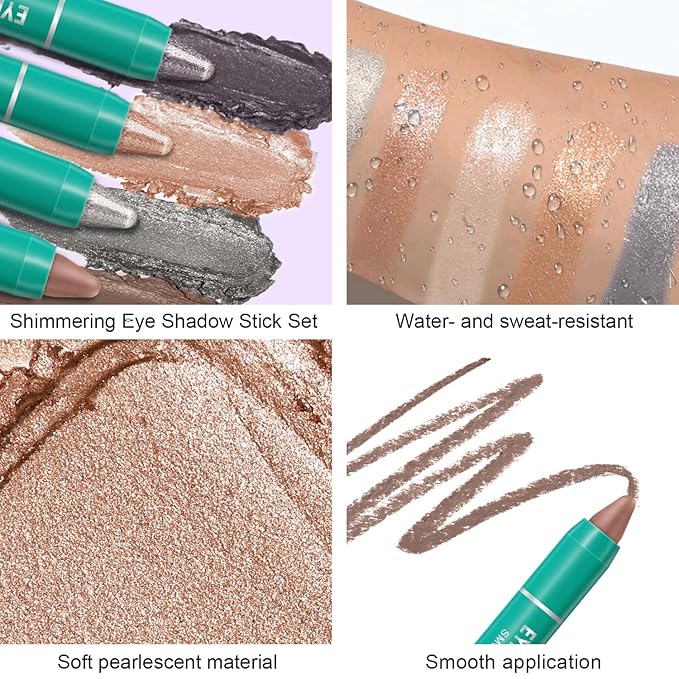 4Pcs Eyeshadow Stick, Cream Eye Shadow Brightener Sticks Set for Eyes, Champagne Pearl Taupe Bronze Cocoa Stone Putty Smoky Amethyst Shimmer Matte Pencil Eye Eye Liner Makeup Waterproof (4PCS A)