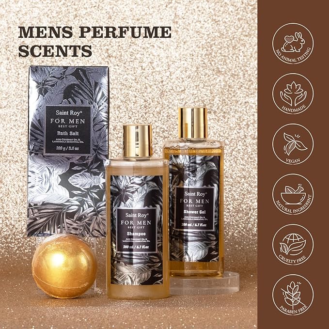 Gift for Dad Spa Gifts for Men, Bath & Body Kit, Spa Gift Set, Man Spa Basket Set for Dad, Mens Perfume Bath and Body Gift Set, Ideal Christmas Birthday Self Skin Care Set for Man Leather Wallet