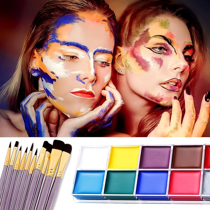 Face Paint Kit, Painting Palette with Brushes Body Paint Face Makeup Safe and Easy to Clean for Halloween Carnivals Cosplay Party Stage Performances (12 Colors + 10 Brushes)